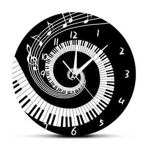 Élégant Piano touches noir et blanc moderne horloge murale Notes de musique vague ronde musique clavier horloge murale mélomane pianiste cadeau