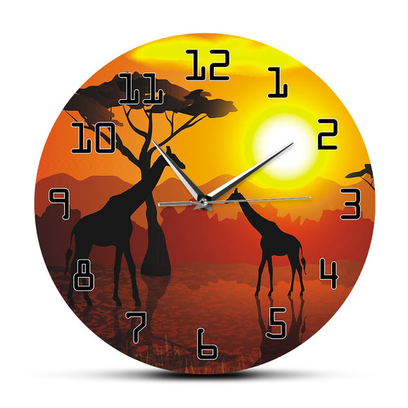 Horloge murale décorative Art mural girafe Serengeti coucher de soleil africain Savannah Safari décor mural montre murale