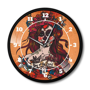 Crâne de sucre Design mur Art crâne fille jour des morts décor à la maison Calavera fille cadre en métal horloge murale mouvement de balayage précis