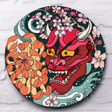 Gothique rouge Oni démon masque horloge murale japonais Sakura pivoine fleur mur Art japon Sherpa mal rouge mort décor à la maison horloge montre