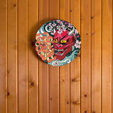 Gothique rouge Oni démon masque horloge murale japonais Sakura pivoine fleur mur Art japon Sherpa mal rouge mort décor à la maison horloge montre