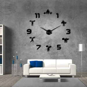 Haltérophilie salle de Fitness décoration murale bricolage horloge murale géante effet miroir Powerlifting sans cadre grande horloge murale GYM montre murale