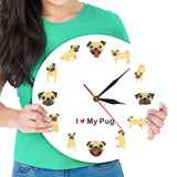Carlin Cartoon Wall Art moderne horloge murale chiot chien Pet décor à la maison Pet Store suspendu montre murale imprimé montre carlin amant cadeau