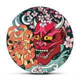 Gothique rouge Oni démon masque horloge murale japonais Sakura pivoine fleur mur Art japon Sherpa mal rouge mort décor à la maison horloge montre