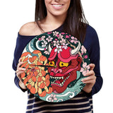 Gothique rouge Oni démon masque horloge murale japonais Sakura pivoine fleur mur Art japon Sherpa mal rouge mort décor à la maison horloge montre