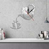 Bricolage théière et tasse Design acrylique miroir moderne horloge murale thé bouilloire en forme d'horloge suspendue montre cuisine horloge cruche avec une tasse