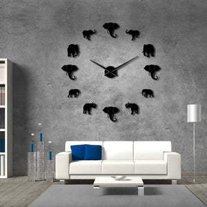 Animaux de la Jungle éléphant bricolage grande horloge murale décor à la maison Design moderne effet miroir géant sans cadre éléphants montre de horloge à faire soi-même