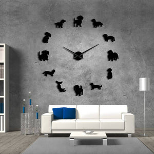 Bricolage teckel mur Art wiener-chien chiot chien Pet sans cadre géant horloge murale avec effet miroir saucisse chien grande horloge murale montre