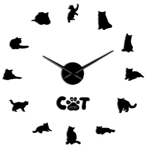 British Shorthair chat Sticker mural décoratif bricolage grande horloge murale gris chat sans cadre chat Silhouette chiffres moderne horloge montre