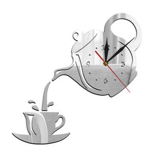 Bricolage théière et tasse Design acrylique miroir moderne horloge murale thé bouilloire en forme d'horloge suspendue montre cuisine horloge cruche avec une tasse