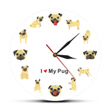 Carlin Cartoon Wall Art moderne horloge murale chiot chien Pet décor à la maison Pet Store suspendu montre murale imprimé montre carlin amant cadeau