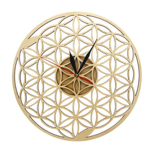 Fleur de vie intersecte anneaux géométrique en bois horloge murale géométrie sacrée Laser Cut horloge montre pendaison de crémaillère cadeau chambre décor