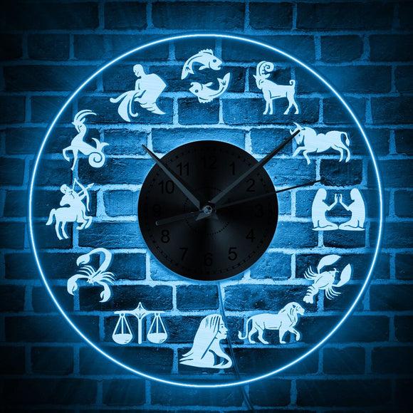 Signe du zodiaque lumière LED Art mural décor à la maison horloge murale avec rétro-éclairage coloré lueur dans l'obscurité Design Vintage horloge murale illuminée